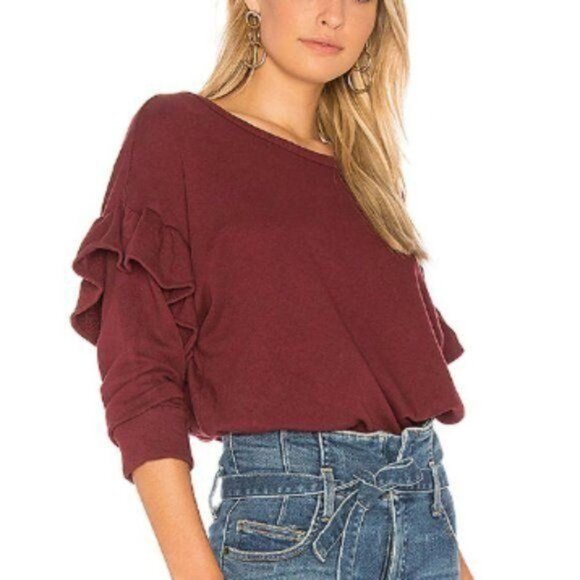 CURRENT ELLIOT Burgundy Ruffled Sleeve Sweatshirt Comfy Lightweight Size M NWOT - Picture 3 of 7